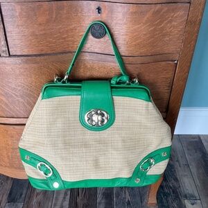 Emma Fox Newport Green Leather & Natural Woven Linen Blend Crossbody Satchel Bag